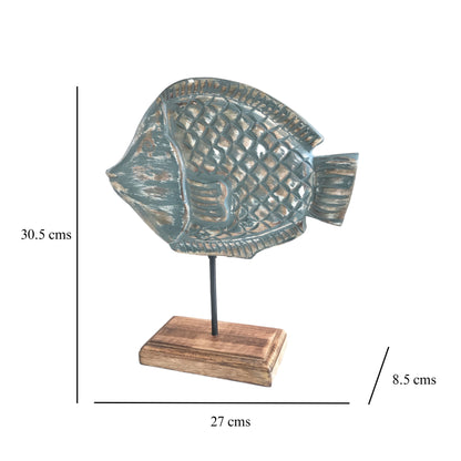 Kezevel Wooden Fish Table Decor - Blue and Brown Showpieces for Living Room, Wooden Showpiece for Home Decor, Fish Figurine, Size 27X8.5X30.5 CM