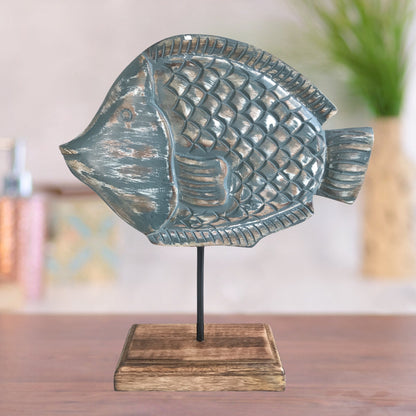 Kezevel Wooden Fish Table Decor - Blue and Brown Showpieces for Living Room, Wooden Showpiece for Home Decor, Fish Figurine, Size 27X8.5X30.5 CM