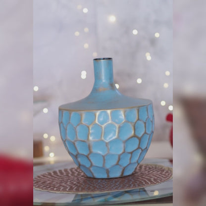 Kezevel Metal Decorative Vase  - Golden Blue Honeycomb Pattern Handcrafted Metal Flower Vases for Home Decor, Metal Planter, Size 25.4X25.4X30.48 CM