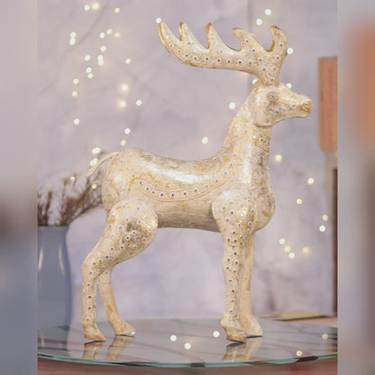 Kezevel Christmas Decoration Reindeer Statue-Artistic White and Golden Metal Deer Showpiece for Home Decor, Xmas, Reindeer Figurine, Size 40X20X54.5CM