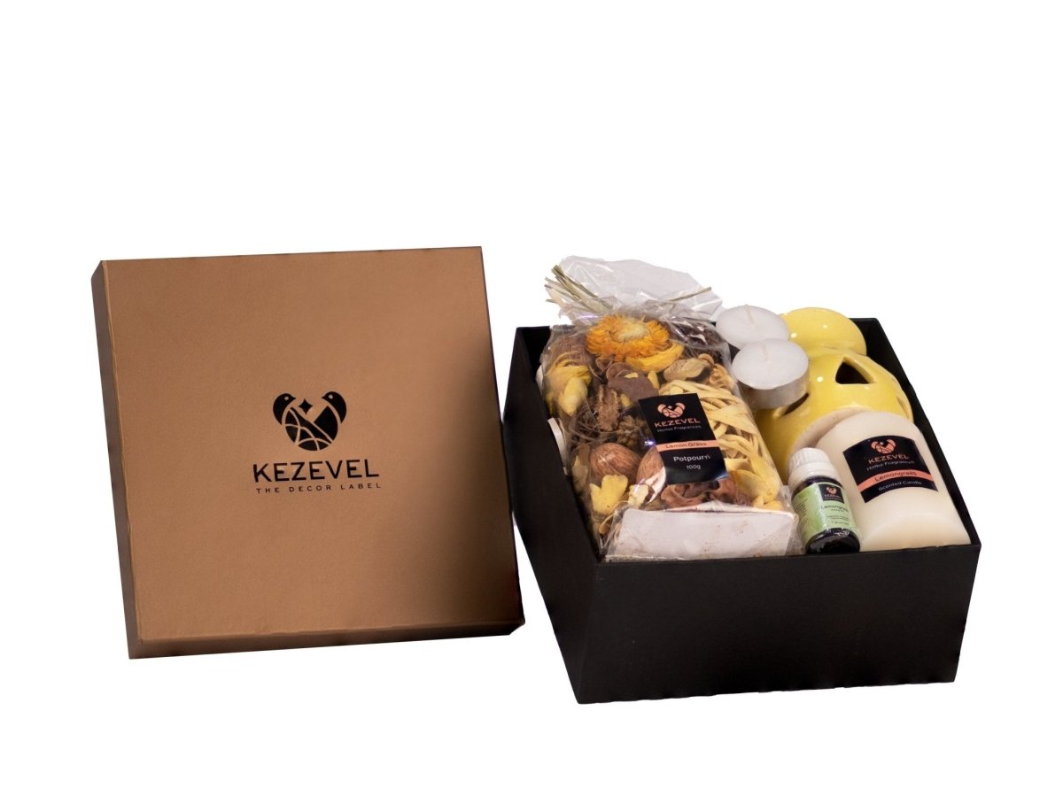 Kezevel aromatic gift hamper of Lemongrass Pillar Candle, Potpourri Fragrance Oil and Aroma Diffuser- Pack of 1 - Kezevel