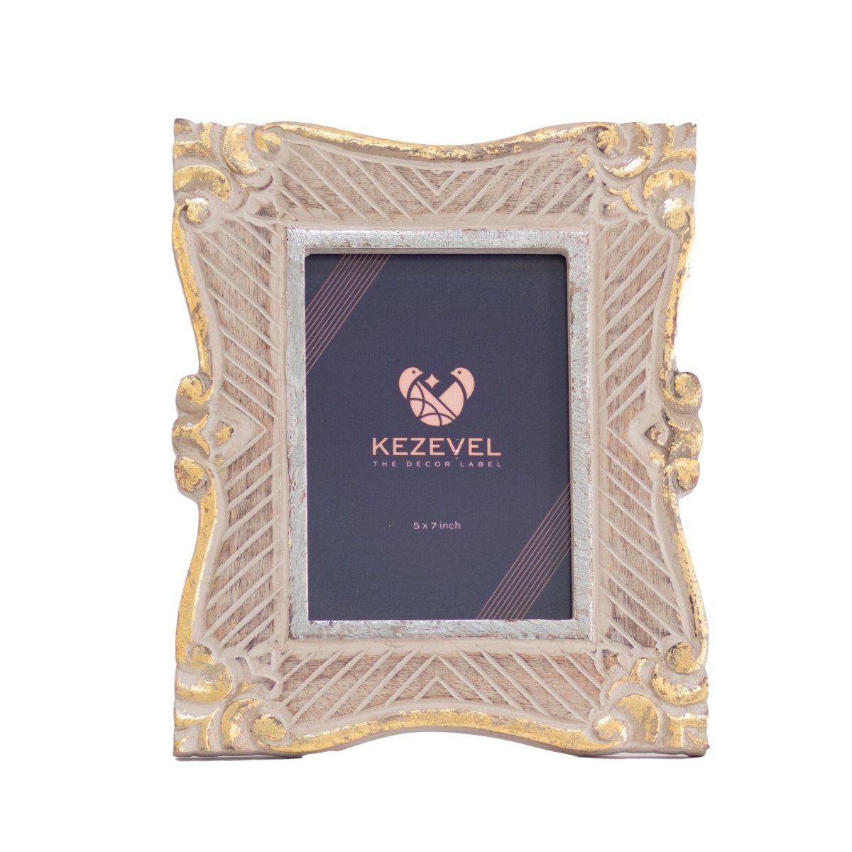 Kezevel Carved Wooden Photo Frames - Rectangle Photo Frame for Table in Brown Golden Silver Finish Picture Size 5X7 inch