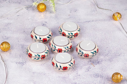 Kezevel Ceramic T-Light Candle Holder - Set of 6 Handcrafted Reusable Ceramic Candle Holder with Candle for Home Decor, Festive Decor, Size 6X6X3 CM - Kezevel