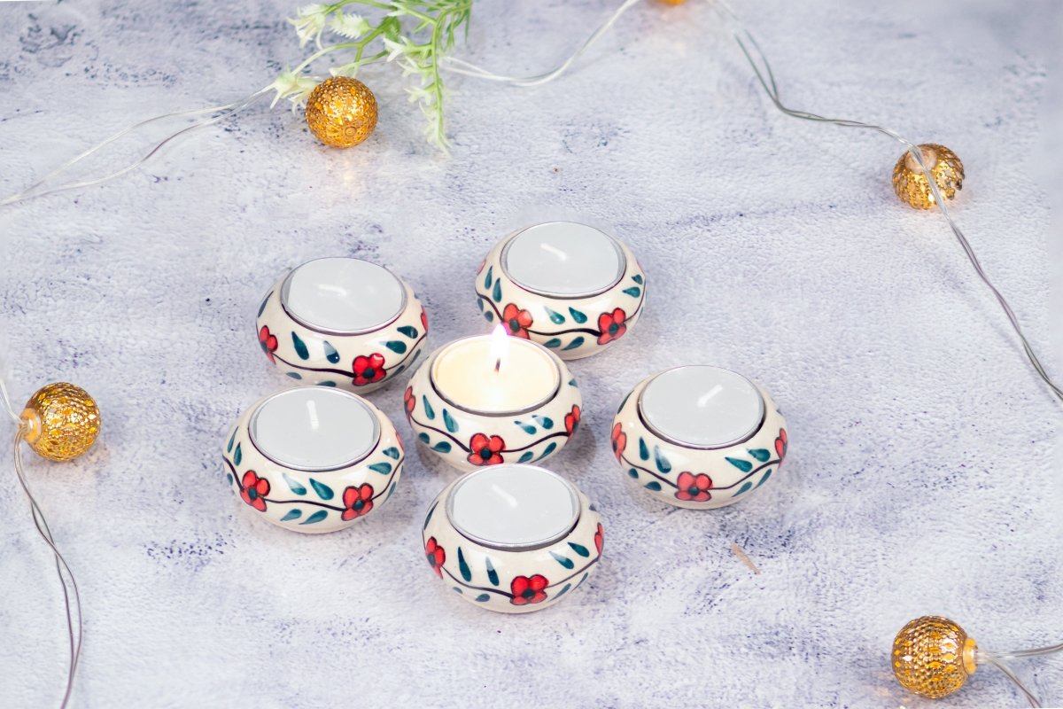 Kezevel Ceramic T-Light Candle Holder - Set of 6 Handcrafted Reusable Ceramic Candle Holder with Candle for Home Decor, Festive Decor, Size 6X6X3 CM - Kezevel