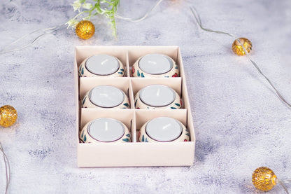 Kezevel Ceramic T-Light Candle Holder - Set of 6 Handcrafted Reusable Ceramic Candle Holder with Candle for Home Decor, Festive Decor, Size 6X6X3 CM - Kezevel