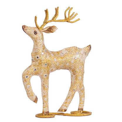 Kezevel Christmas Decoration Reindeer Statue - White and Golden Metal Deer Showpiece for Home Decor, Xmas, Reindeer Figurine