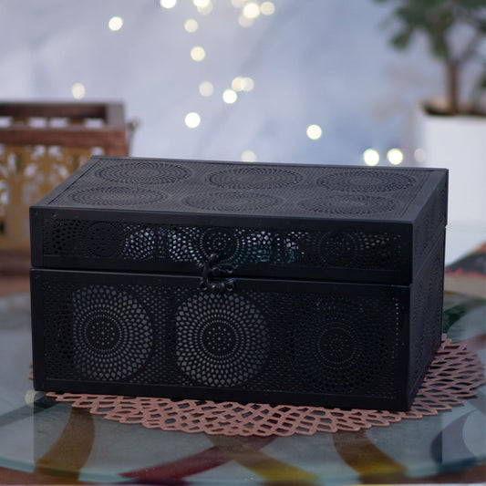 Kezevel Decorative Metal Storage Box - Rectangle Carved Black Trinket Box, Jewelry Box, Metal Stash Box, Treasure Box