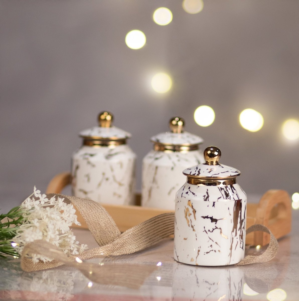 Kezevel Golden White Marble finish Porcelain Jars - Set with a Bamboo Tray Holder - Set of 3 - Kezevel