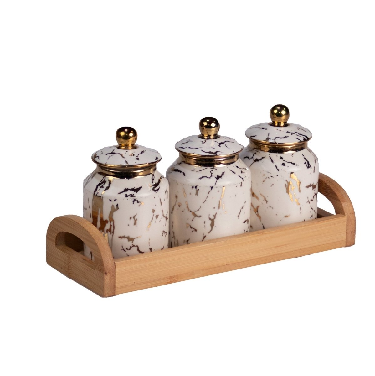 Kezevel Golden White Marble finish Porcelain Jars - Set with a Bamboo Tray Holder - Set of 3 - Kezevel