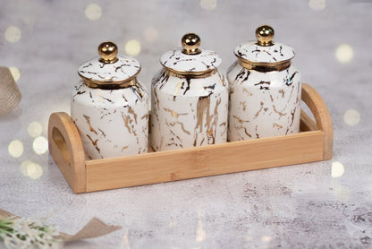 Kezevel Golden White Marble finish Porcelain Jars - Set with a Bamboo Tray Holder - Set of 3 - Kezevel