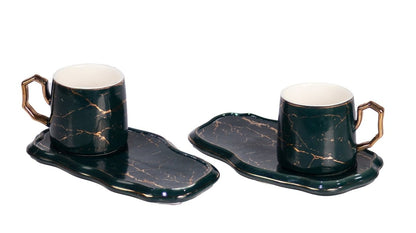 Kezevel Green and Golden Glazed Marble Finish Porcelain Cup with Porcelain Oblong Saucer- Set of 2 - Kezevel