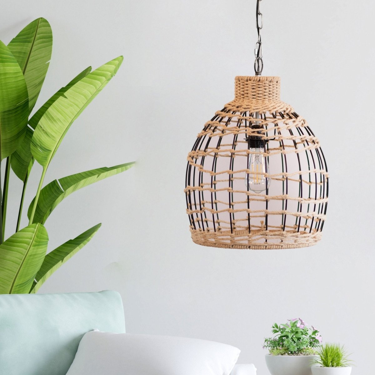 Kezevel Jute Laced Hanging Light - Artistically Handcrafted Pendant Light / Lamp for Living Room, Bedroom, Foyer and Balcony