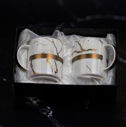 Kezevel Marble Finish Mugs - Set of 2 White and Stripes of Gold Mugs - Kezevel