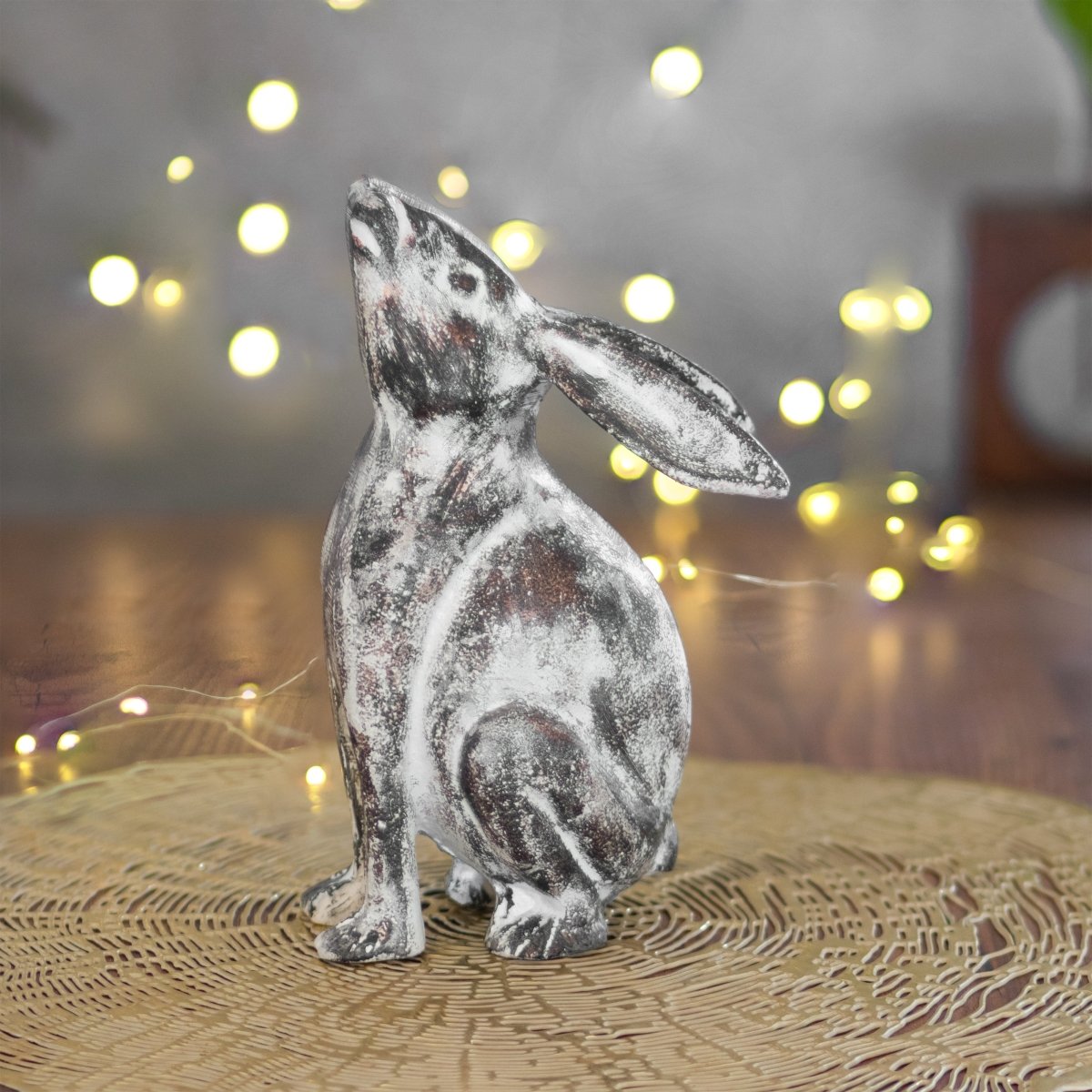 Kezevel Metal Big Rabbit Statue - Antique White Black Copper Handcrafted Rabbit Showpieces Home Decor, Animal Figurine Table