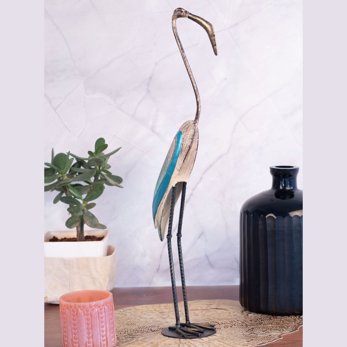 Kezevel Metal Birds Table Decor - Bird Figurines Statue in Antique Golden and Blue Finish, Metal Showpiece for Home Decor