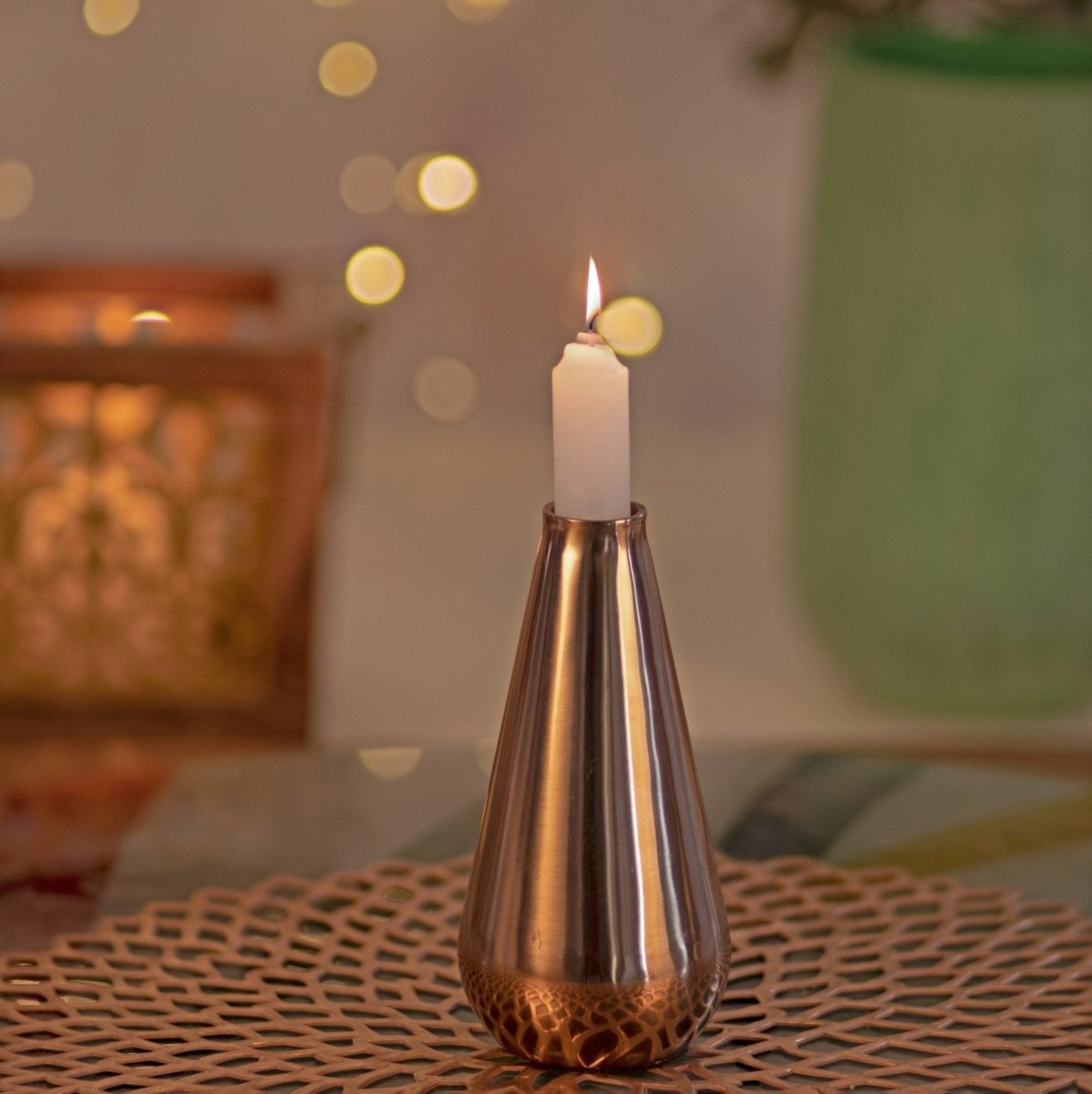 Kezevel Metal Candle Stand - Artistic Copper Finish Conical Candle Holders for Home Decoration , Dining Table , Puja Decor