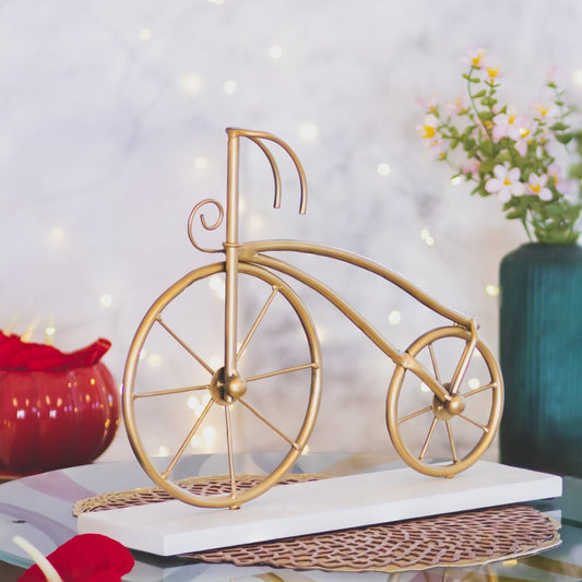 Kezevel Metal Decorative Cycle Showpiece - Handcrafted Golden Cycle Statue on Wooden Base, Vintage Cycle for Home Decor