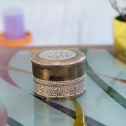 Kezevel Metal Decorative Storage Box - Round Antique Golden Handcrafted Trinket Box, Jewelry Box, Stash Box, Treasure Box