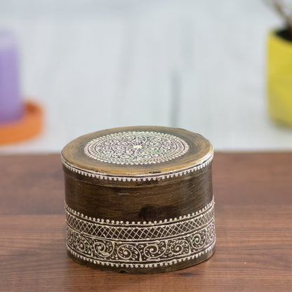 Kezevel Metal Decorative Storage Box - Round Antique Golden Handcrafted Trinket Box, Jewelry Box, Stash Box, Treasure Box