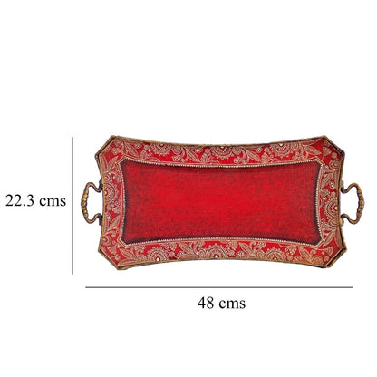 Kezevel Metal Decorative Tray - Metal Tray in Antique Red & Golden Finish for Table Decor, Dinning Table, Serving Tray