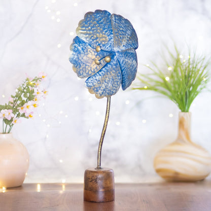 Kezevel Metal Flower Table Decor - Handcrafted Golden and Blue Big Flower Figurines Statue Metal Showpieces for Home Decor