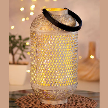 Kezevel Metal Table Decor Lantern - Hand Carved Golden and White Finish Decorative Candle Holder Lantern for Home Decor