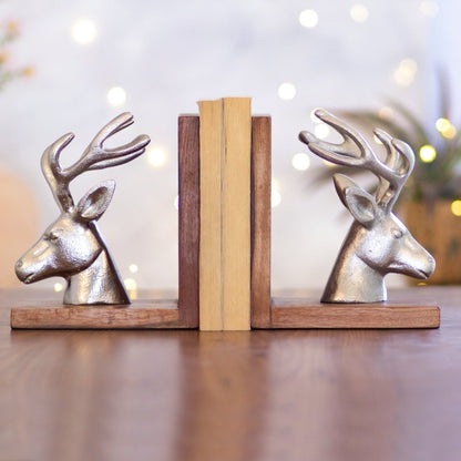 Kezevel Metal Wood Bookend Pair - Decorative Silver Deer Book Holder for Shelves with Wooden Base, Animal Book Stopper Decorative, Size 16X11.5X18 CM - Kezevel