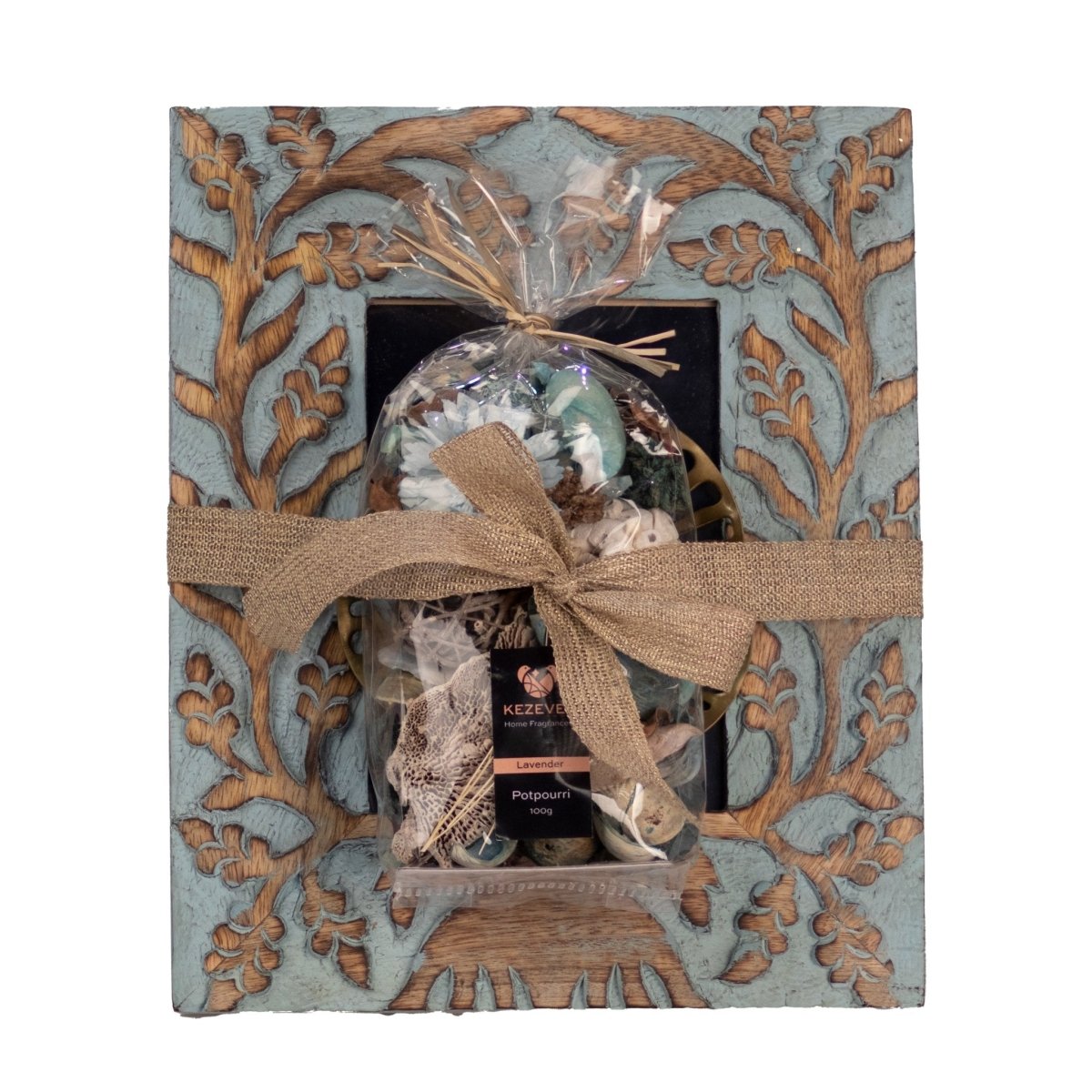 Kezevel Picture Photo Frame Mango wood - with Golden Metallic Tea Light Holder and Fragranced Potpourri- Set of 1 - Kezevel