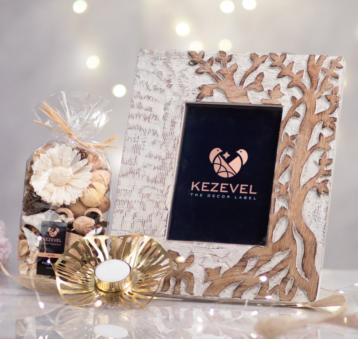 Kezevel Picture Photo Frame - with Golden Metallic Tea Light Holder and Vanilla Fragranced Potpourri- Set of 1 - Kezevel