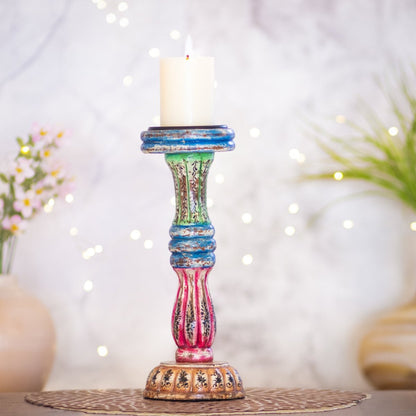 Kezevel Wooden Candle Stand - Antique Distressed Handcrafted Multicolour Candle Holders for Home Decor, Pillar Candle Holder