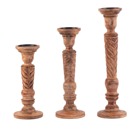Kezevel Wooden Candle Stand - Artistic 12" H Antique Brown Mango Wood Candle Holders for Home Decoration , Room Decoration