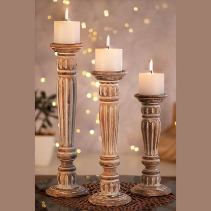 Kezevel Wooden Candle Stand - Artistic 12" H White and Brown Mango Wood Candle Holders for Home Decoration, Room Decoration