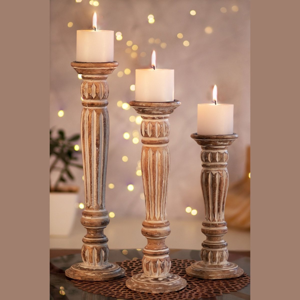 Kezevel Wooden Candle Stand - Artistic 15" H White and Brown Mango Wood Candle Holders for Home Decoration , Room Decoration