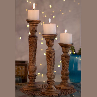 Kezevel Wooden Candle Stand - Artistic 18" H Antique Brown Mango Wood Candle Holders for Home Decoration , Room Decoration