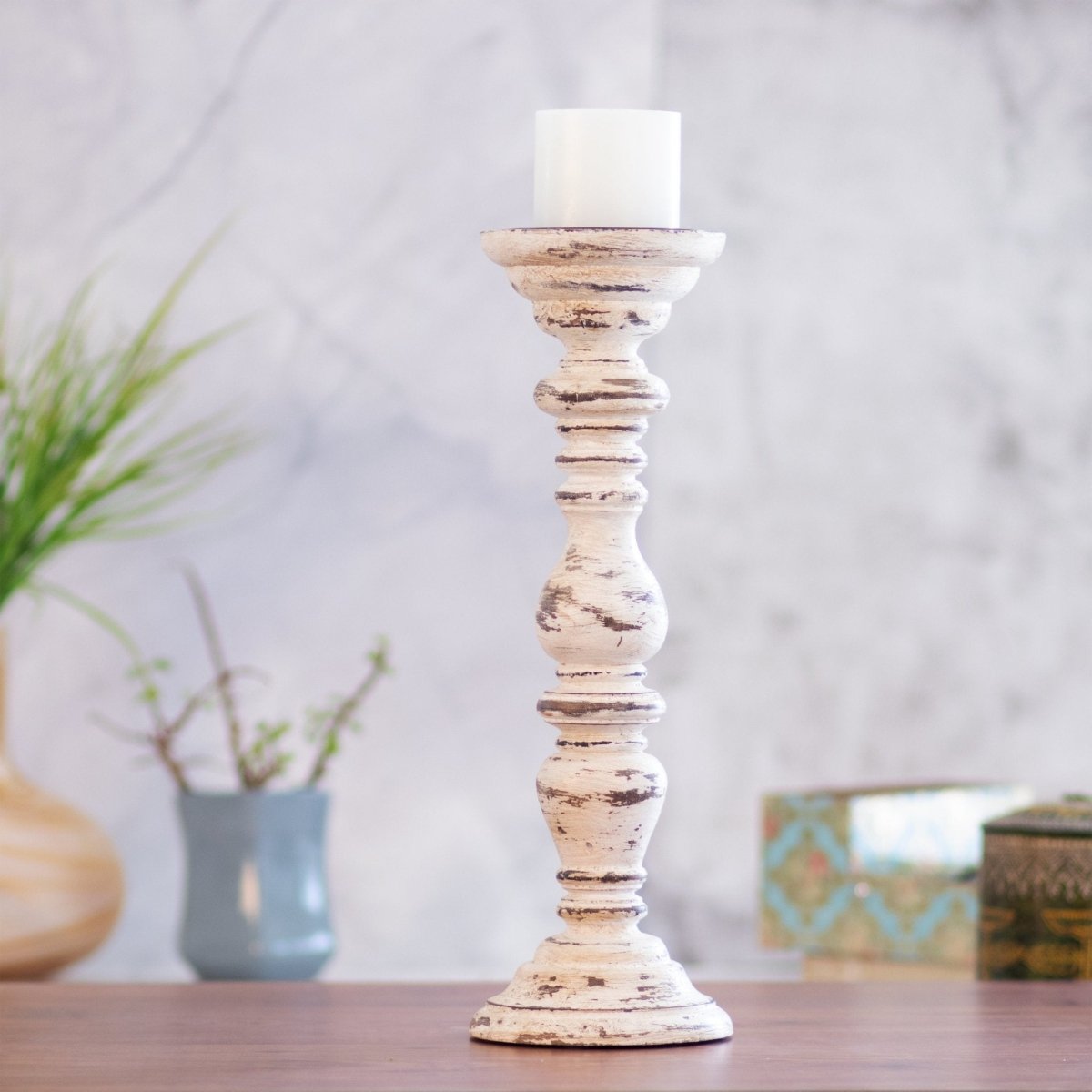 Kezevel Wooden Candle Stand - Ivory & Brown Antique Mango Wood Candle Holders for Home Decoration, Pillar Candle Holder