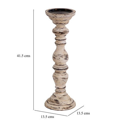 Kezevel Wooden Candle Stand - Ivory & Brown Antique Mango Wood Candle Holders for Home Decoration, Pillar Candle Holder