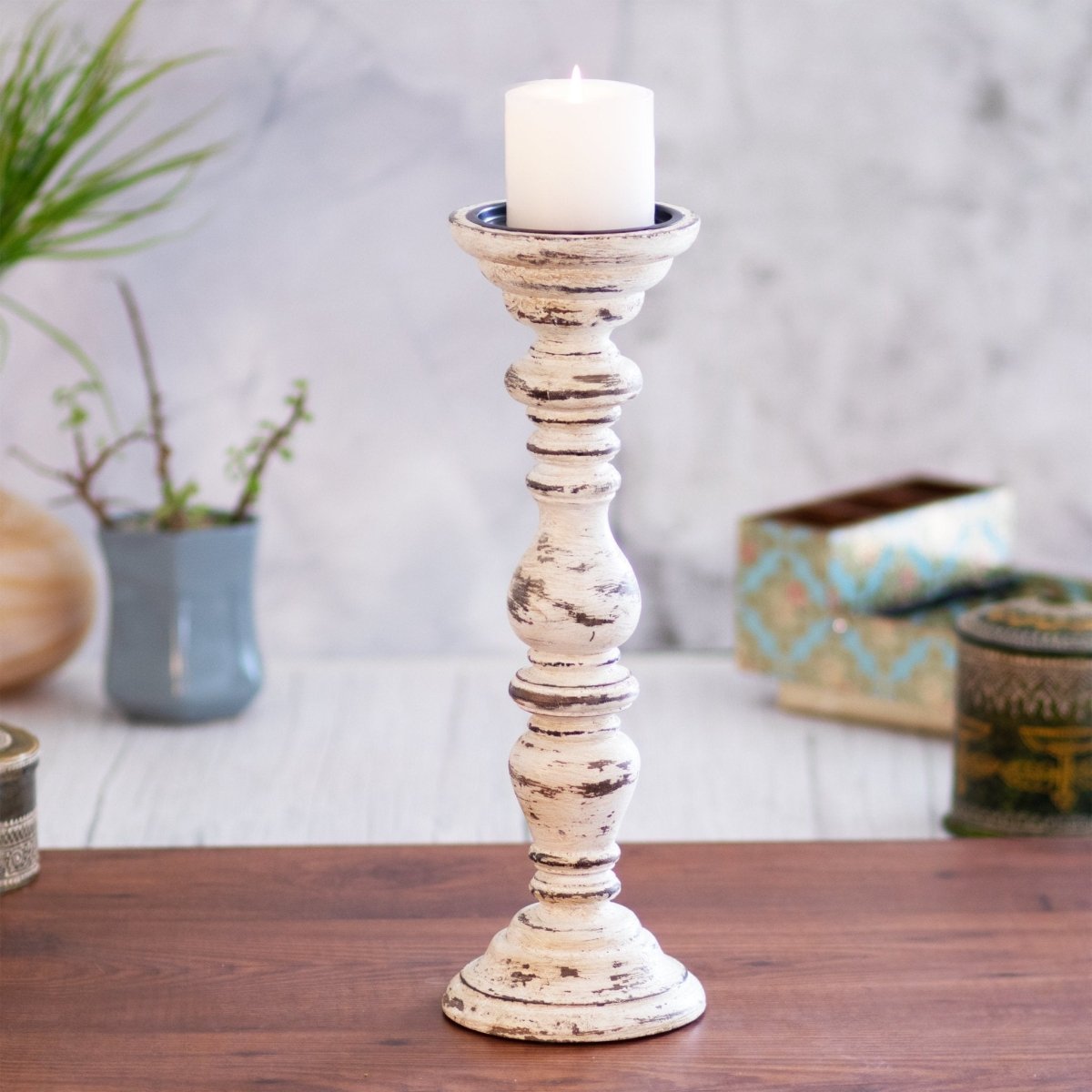 Kezevel Wooden Candle Stand - Ivory & Brown Antique Mango Wood Candle Holders for Home Decoration, Pillar Candle Holder