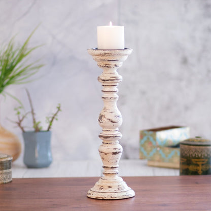 Kezevel Wooden Candle Stand - Ivory & Brown Antique Mango Wood Candle Holders for Home Decoration, Pillar Candle Holder