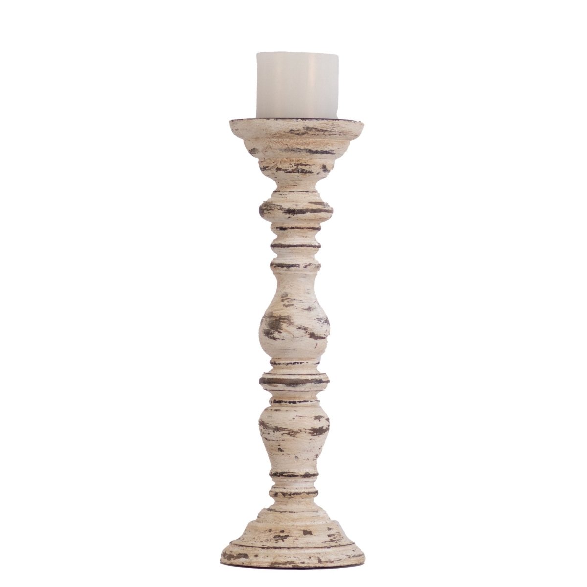 Kezevel Wooden Candle Stand - Ivory & Brown Antique Mango Wood Candle Holders for Home Decoration, Pillar Candle Holder