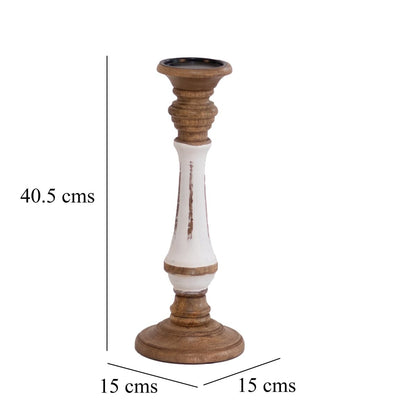 Kezevel Wooden Candle Stand - Vintage White & Brown Mango Wood Candle Holders for Home Decoration, Pillar Candle Holder