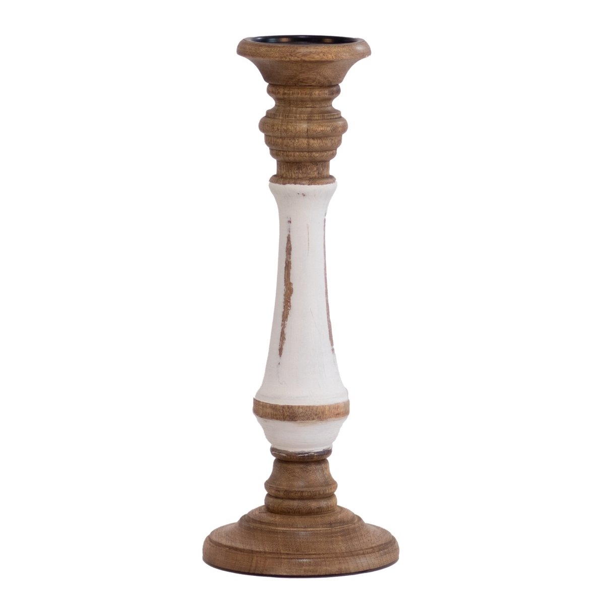 Kezevel Wooden Candle Stand - Vintage White & Brown Mango Wood Candle Holders for Home Decoration, Pillar Candle Holder