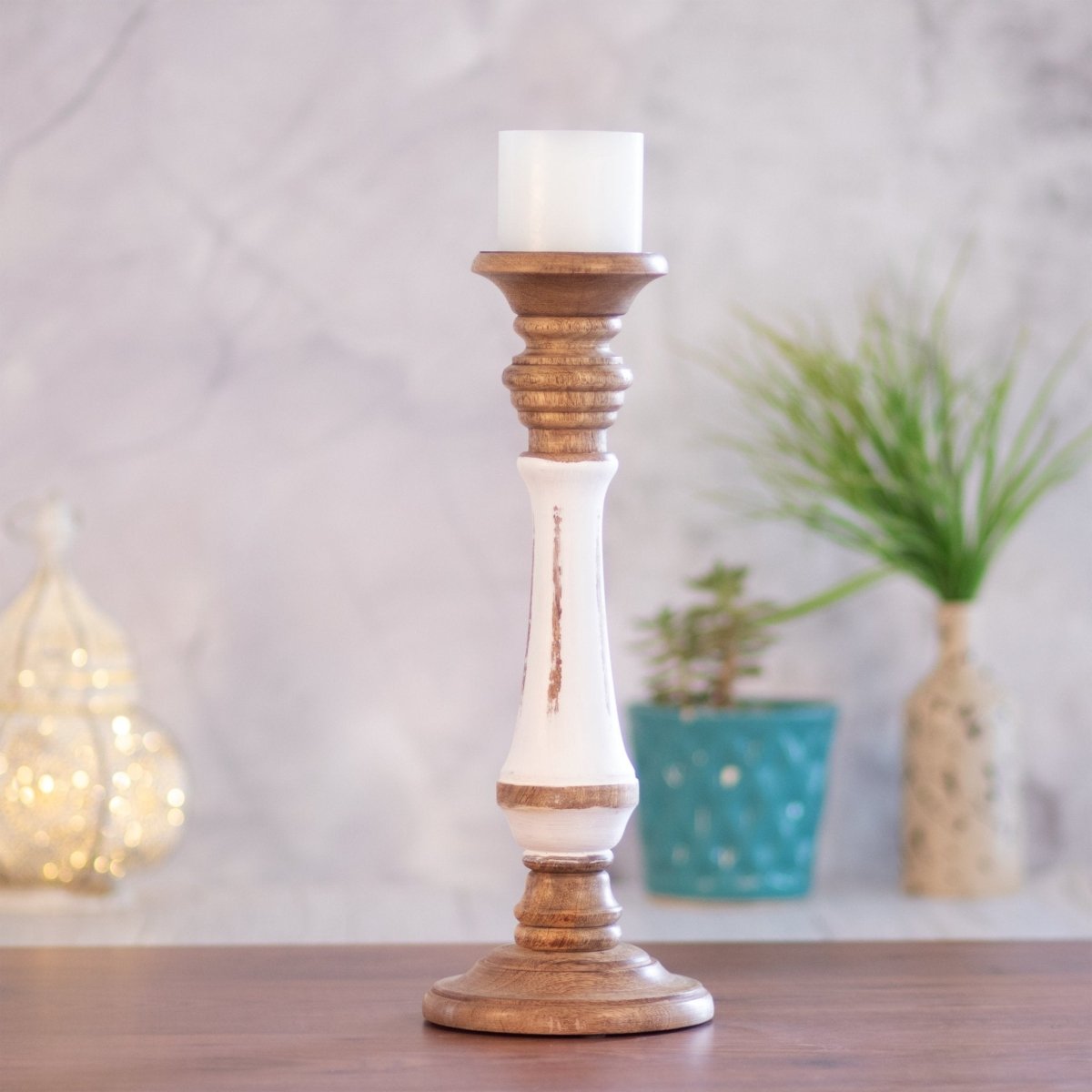 Kezevel Wooden Candle Stand - Vintage White & Brown Mango Wood Candle Holders for Home Decoration, Pillar Candle Holder