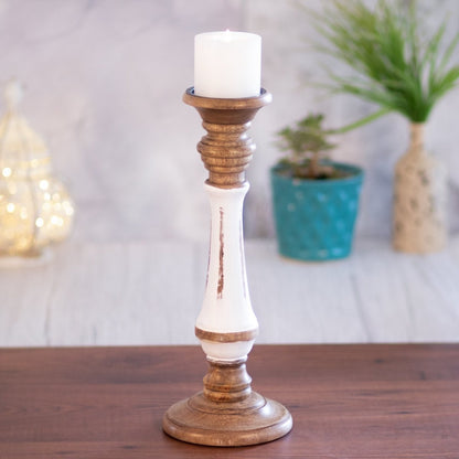 Kezevel Wooden Candle Stand - Vintage White & Brown Mango Wood Candle Holders for Home Decoration, Pillar Candle Holder