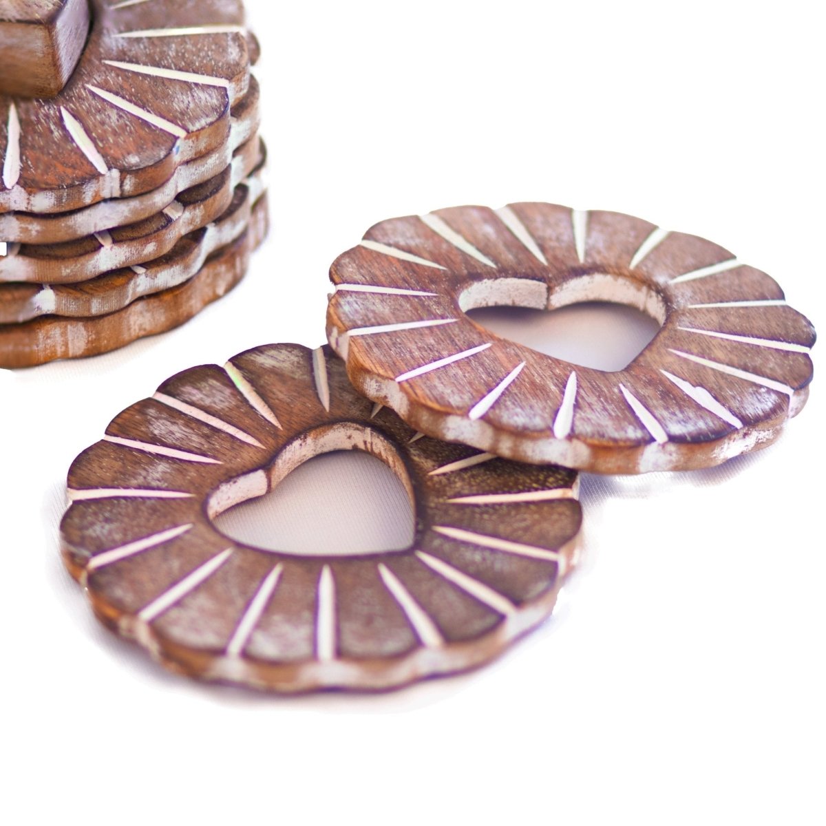 Kezevel Wooden Coasters Mango Wood- Artistically Handcrafted Flower Design - Set of 6 for Serving - Coaster Plate