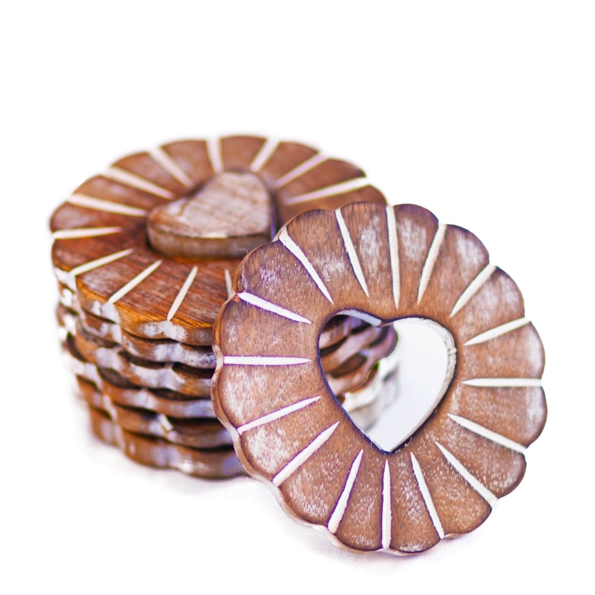 Kezevel Wooden Coasters Mango Wood- Artistically Handcrafted Flower Design - Set of 6 for Serving - Coaster Plate