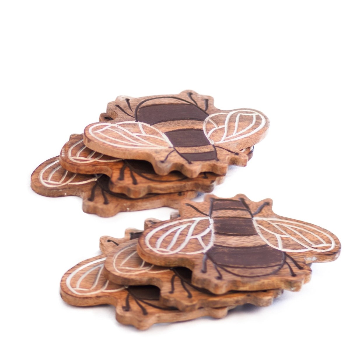 Kezevel Wooden Coasters Mango Wood - Artistically Handcrafted Fly Design Set of 6 for Serving - Coaster Plate Size 14X10 CM