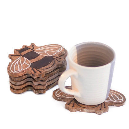 Kezevel Wooden Coasters Mango Wood - Artistically Handcrafted Fly Design Set of 6 for Serving - Coaster Plate Size 14X10 CM