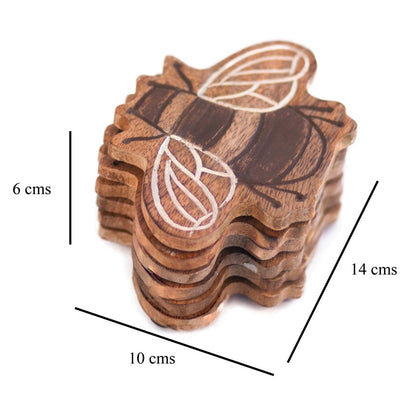 Kezevel Wooden Coasters Mango Wood - Artistically Handcrafted Fly Design Set of 6 for Serving - Coaster Plate Size 14X10 CM