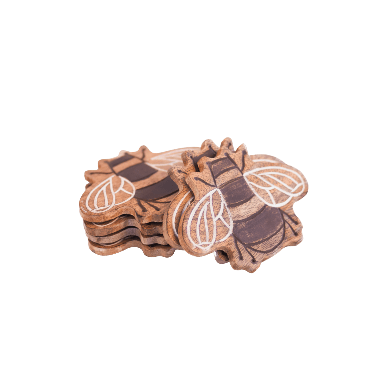 Kezevel Wooden Coasters Mango Wood - Artistically Handcrafted Fly Design Set of 6 for Serving - Coaster Plate Size 14X10 CM