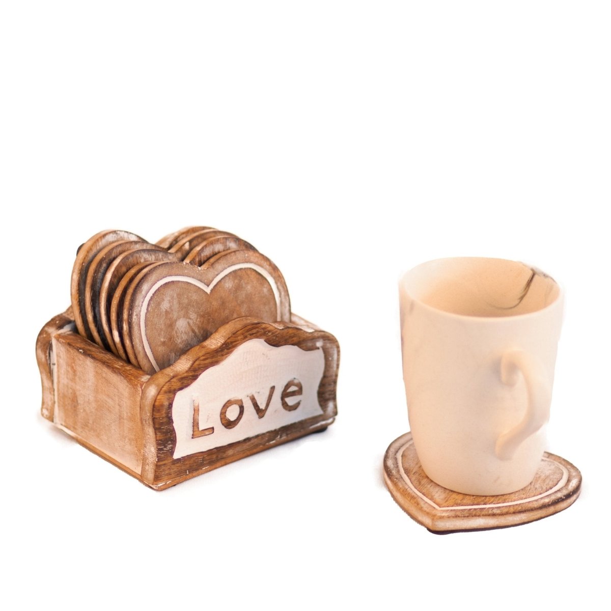 Kezevel Wooden Coasters Mango Wood- Artistically Handcrafted Heart Design - Set of 6 with Holder for Serving - Coaster Plate